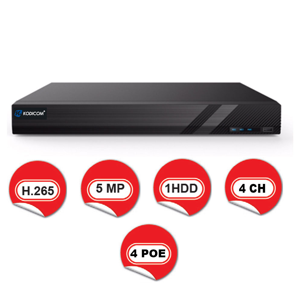 Kodicom KD-3204H1-4P-C / 4 Kanal 4 PoE 5 Megapiksel NVR Kayıt Cihazı